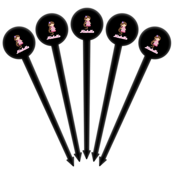 Princess Print Black Plastic 6" Food Pick - Round - Fan View