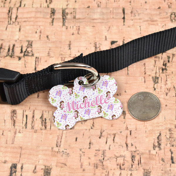 Princess Print Bone Shaped Dog ID Tag - Large - In Context