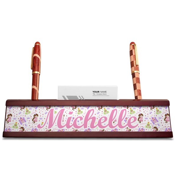 Princess Print Red Mahogany Nameplates with Business Card Holder - Straight