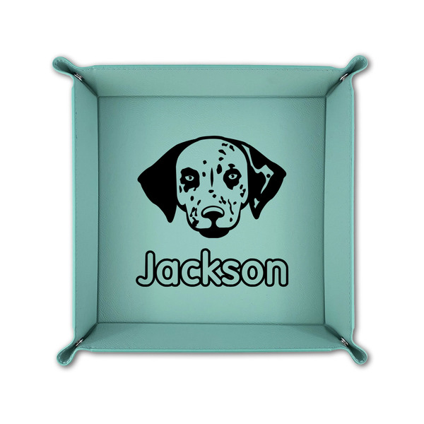 Dog Faces 6" x 6" Teal Leatherette Snap Up Tray - FOLDED UP