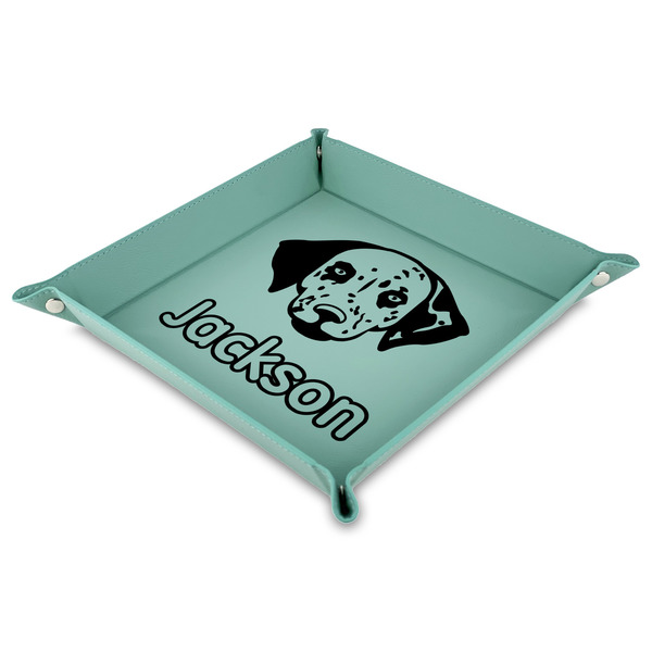 Custom Dog Faces Faux Leather Dice Tray - 9" x 9"  - Teal (Personalized)