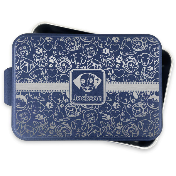 Dog Faces Aluminum Baking Pan - Navy Lid - FRONT w/lid off