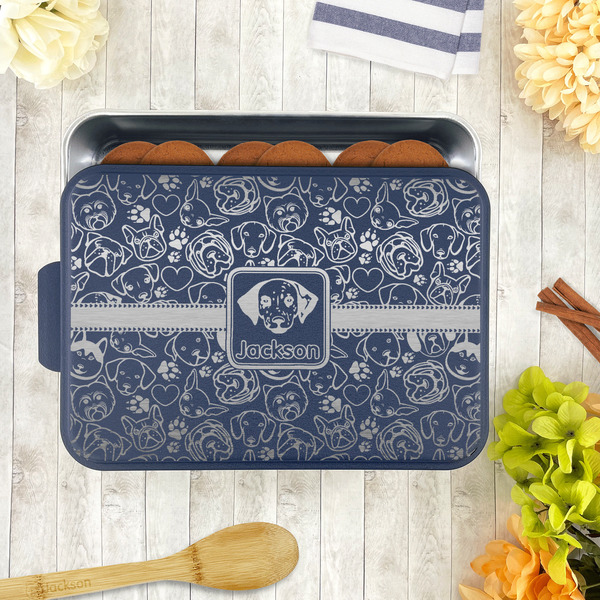 Dog Faces Aluminum Baking Pan - Navy Lid - LIFESTYLE