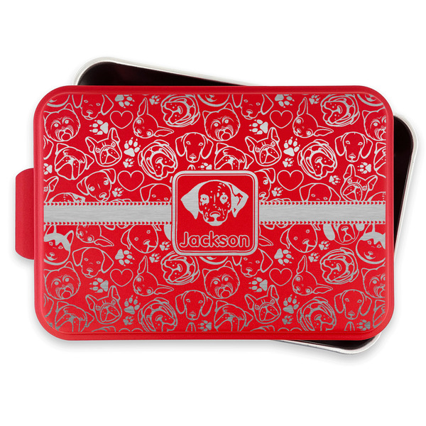 Dog Faces Aluminum Baking Pan - Red Lid - FRONT w/lif off