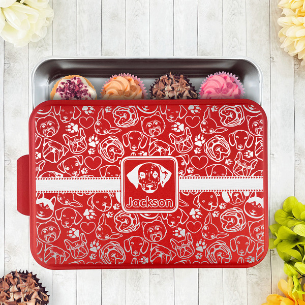 Dog Faces Aluminum Baking Pan - Red Lid - LIFESTYLE