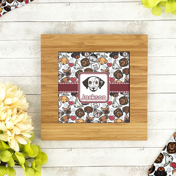 Dog Faces Bamboo Trivet with 6" Tile - LIFESTYLE