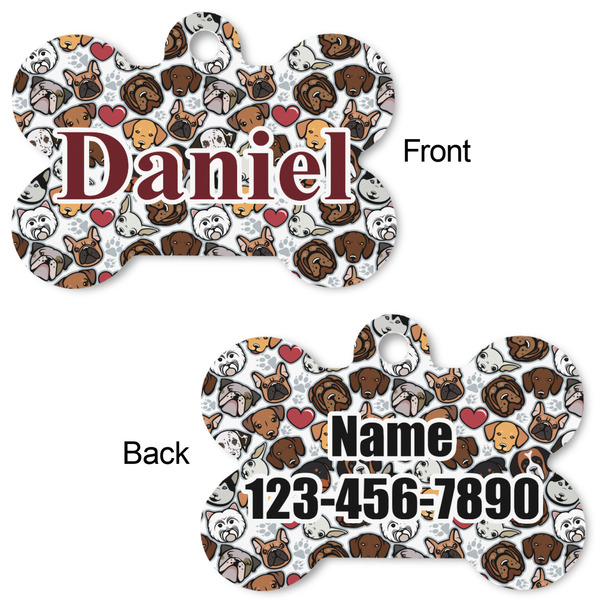 Dog Faces Bone Shaped Dog Tag - Front & Back