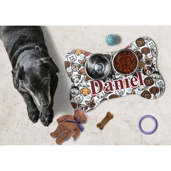 Dog Faces Bone Shaped Mat w/ Food & Water