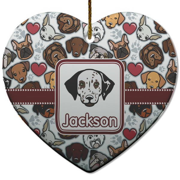 Custom Dog Faces Heart Ceramic Ornament w/ Name or Text