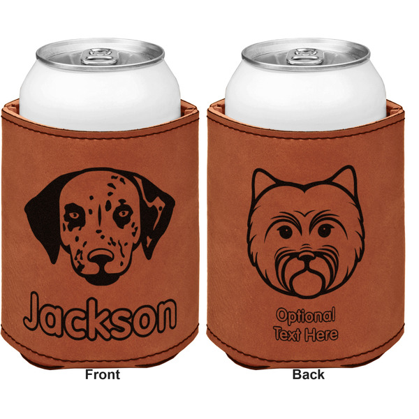 Dog Faces Cognac Leatherette Can Sleeve - Double Sided Front and Back