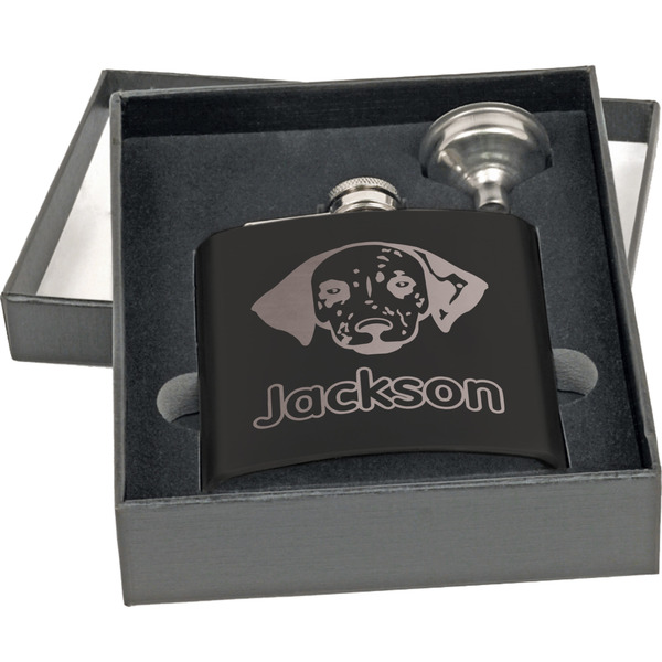 Dog Faces Engraved Black Flask Gift Set