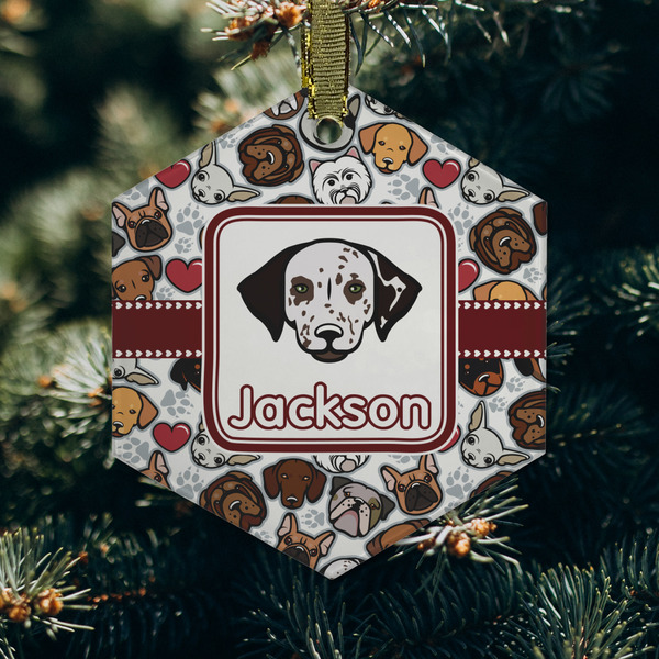 Dog Faces Frosted Glass Ornament - Hexagon (Lifestyle)