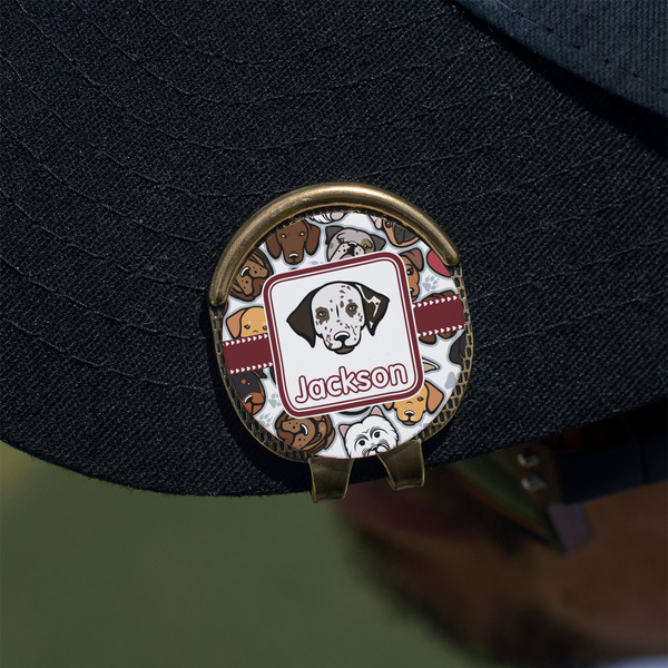 Dog Faces Golf Ball Marker Hat Clip - Gold - On Hat