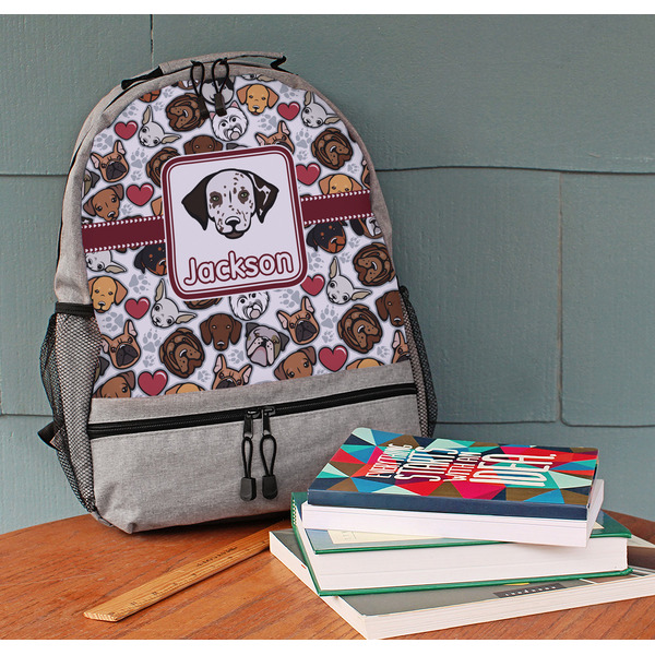 Dog Faces Large Backpack - Gray - On Desk