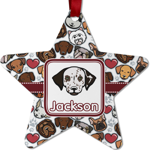 Custom Dog Faces Metal Star Ornament - Double Sided w/ Name or Text
