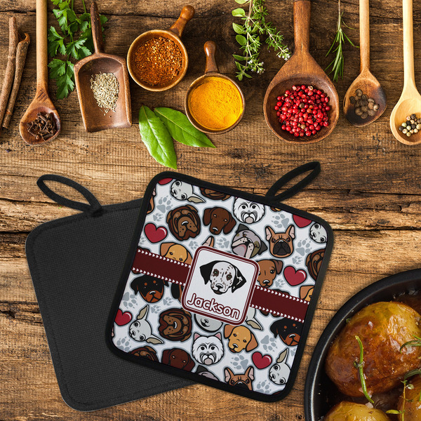 Dog Faces Neoprene Pot Holder - Set of 2  LIFESTYLE (Flatlay)