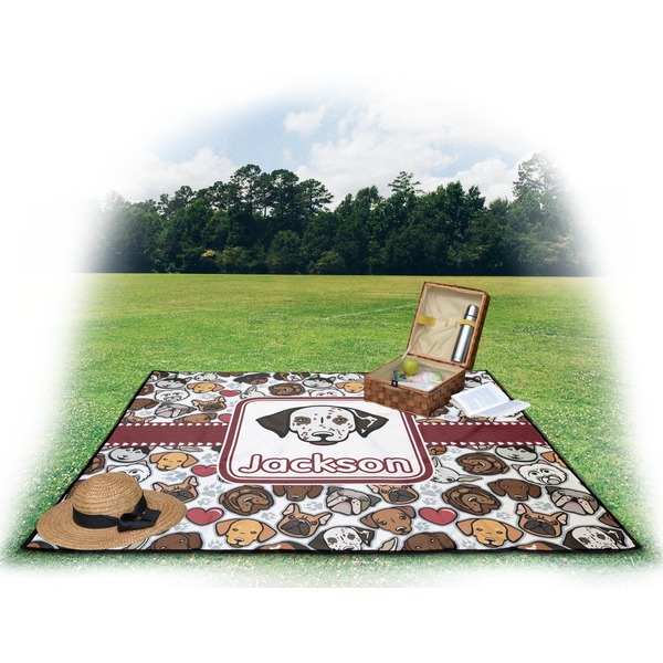 Dog Faces Picnic Blanket - with Basket Hat and Book - in Use