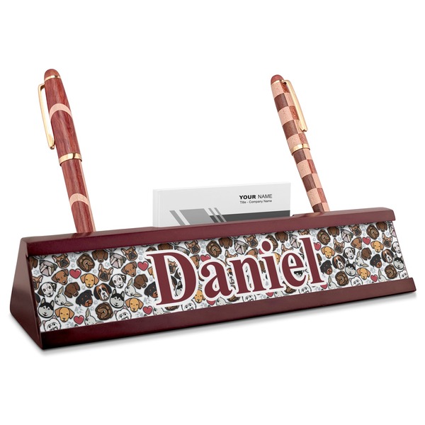 Custom Dog Faces Red Mahogany Nameplate with Business Card Holder (Personalized)