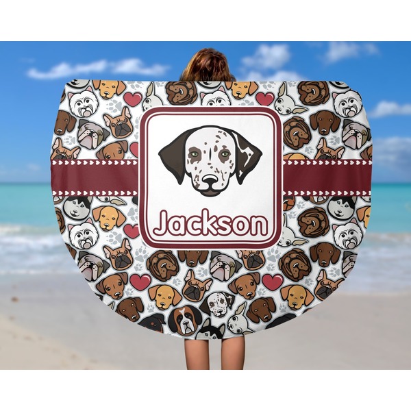 Dog Faces Round Beach Towel - In Use