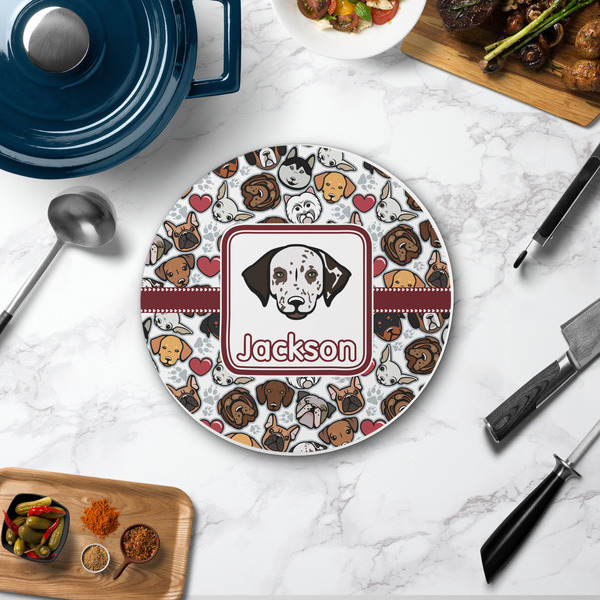 Dog Faces Round Stone Trivet - In Context View
