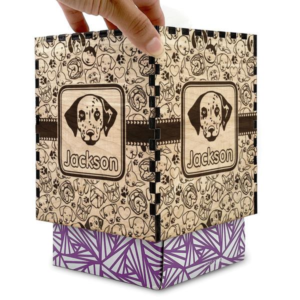 Dog Faces Square Tissue Box Covers - Wood - with box