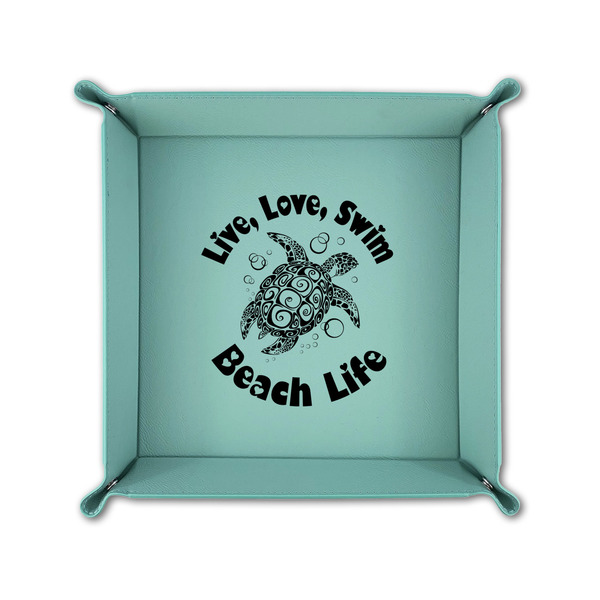 Sea Turtles 6" x 6" Teal Leatherette Snap Up Tray - FOLDED UP
