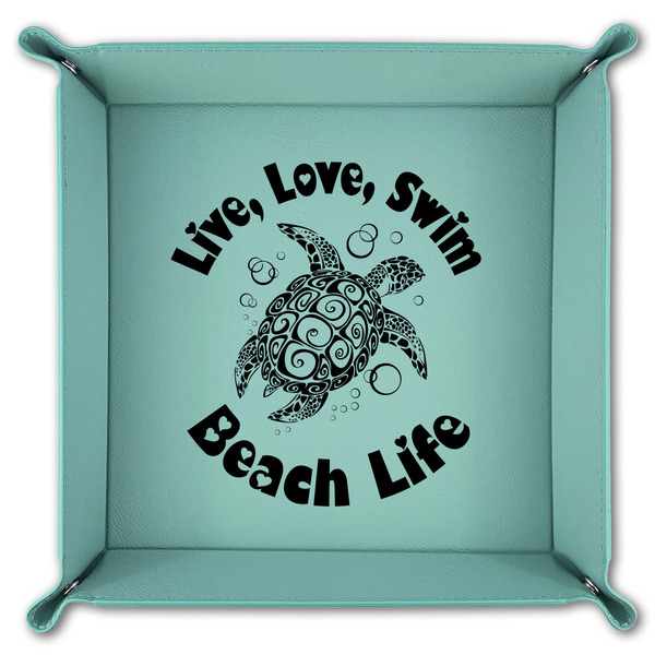 Sea Turtles 9" x 9" Teal Leatherette Snap Up Tray - FOLDED