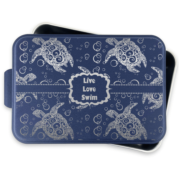Sea Turtles Aluminum Baking Pan - Navy Lid - FRONT w/lid off