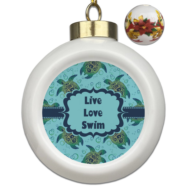 Custom Sea Turtles Ceramic Ball Ornaments - Poinsettia Garland
