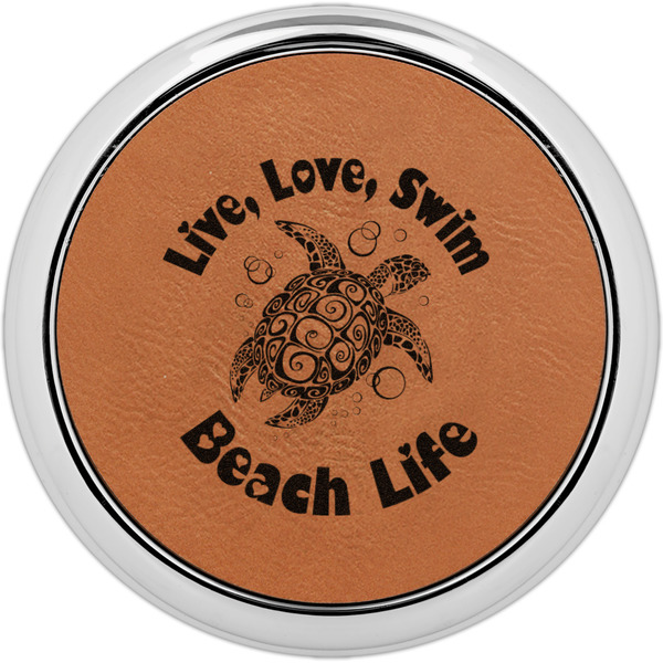 Custom Sea Turtles Leatherette Round Coaster w/ Silver Edge (Personalized)