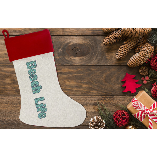 Sea Turtles Linen Stocking w/Red Cuff - Flat Lay (LIFESTYLE)