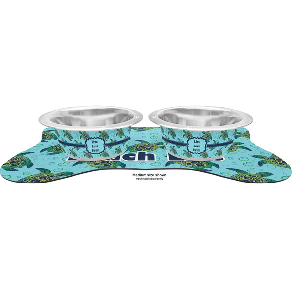 Sea Turtles Metal Pet Bowls - On Dog Bone Shaped Mat