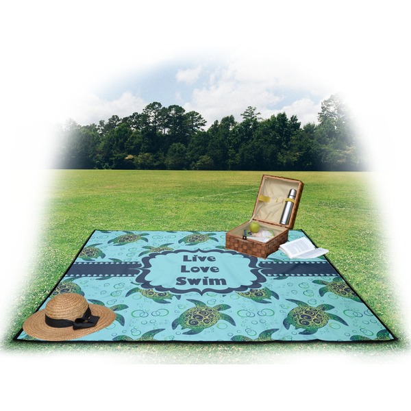 Sea Turtles Picnic Blanket - with Basket Hat and Book - in Use