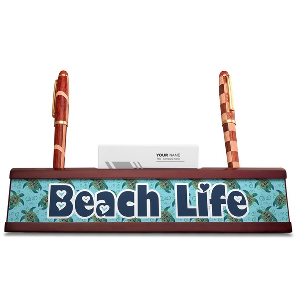 Sea Turtles Red Mahogany Nameplates with Business Card Holder - Straight