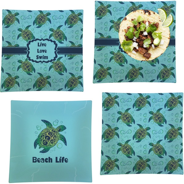 Custom Sea Turtles Set of 4 Glass Square Lunch / Dinner Plate 9.5" (Personalized)