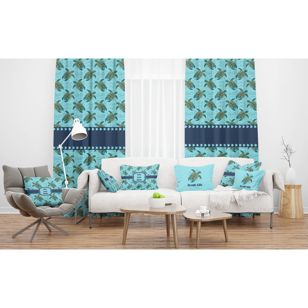 Sea Turtles Sheer and Custom Curtains in Room with Matching Pillows