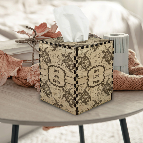 Sea Turtles Square Tissue Box Covers - Wood - In Context