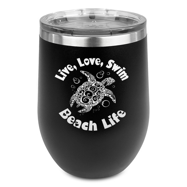 Custom Sea Turtles Stemless Stainless Steel Wine Tumbler - Black - Double Sided