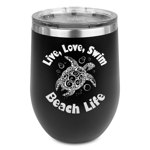 Custom Sea Turtles Stemless Stainless Steel Wine Tumbler - Black - Single Sided