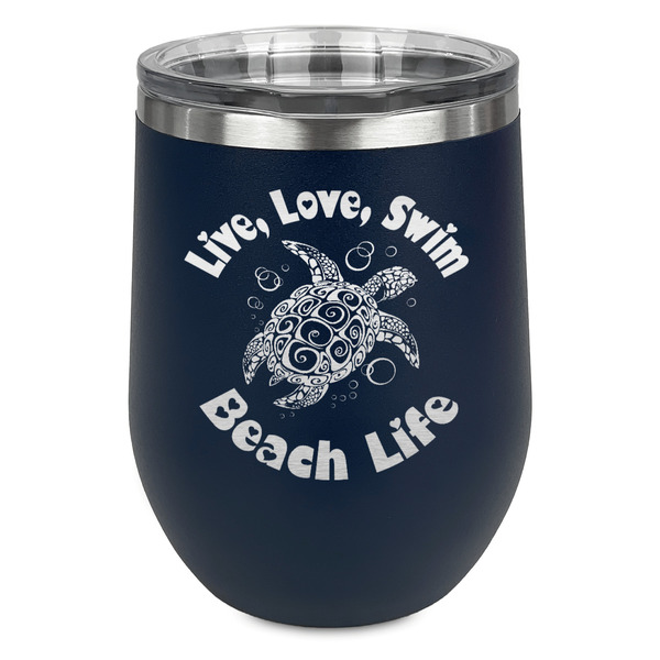 Sea Turtles Stainless Wine Tumblers - Navy - Single Sided - Front