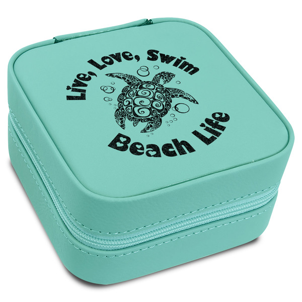 Custom Sea Turtles Travel Jewelry Box - Teal Leather