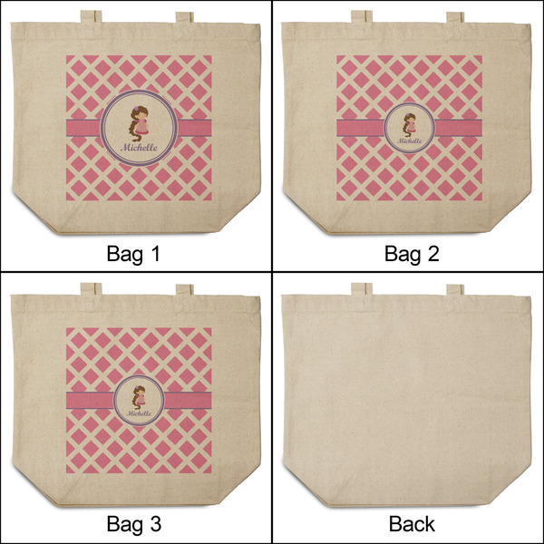 Diamond Print w/Princess 3 Reusable Cotton Grocery Bags - Front & Back View