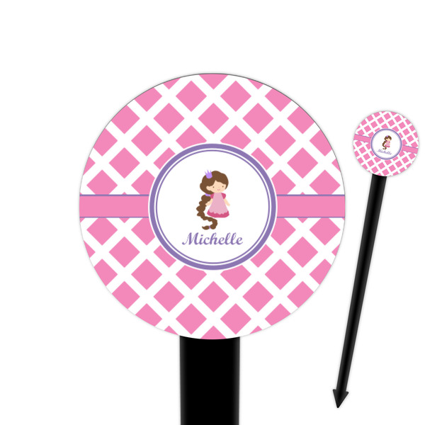 Custom Diamond Print w/Princess 6" Round Plastic Food Picks - Black - Single Sided (Personalized)