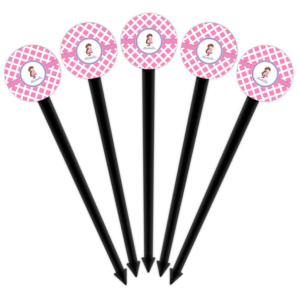 Diamond Print w/Princess Black Plastic 6" Food Pick - Round - Fan View