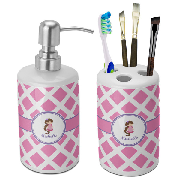 Custom Diamond Print w/Princess Ceramic Bathroom Accessories Set (Personalized)