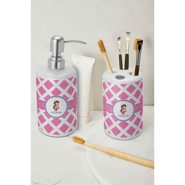 Diamond Print w/Princess Ceramic Bathroom Accessories - LIFESTYLE (toothbrush holder & soap dispenser)