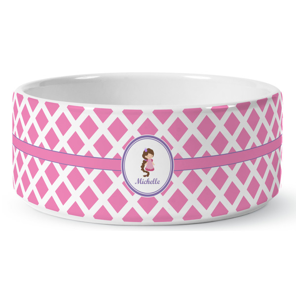 Diamond Print w/Princess Ceramic Dog Bowl - Medium - Front