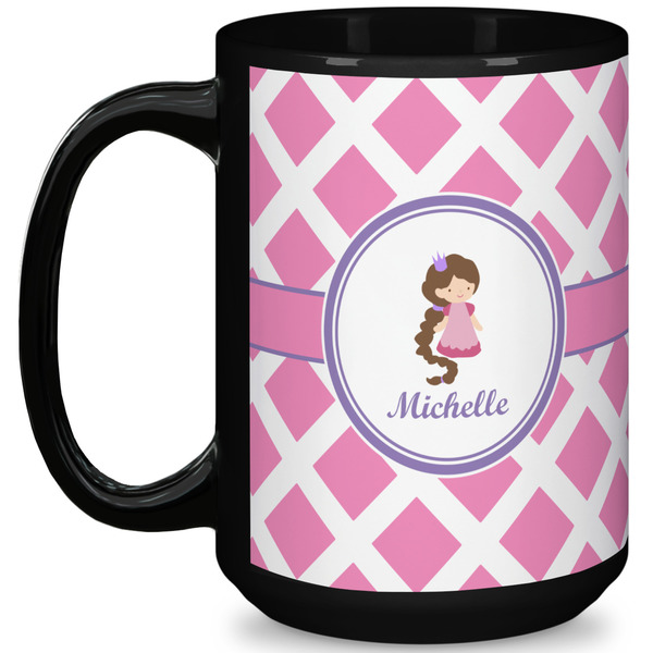 Custom Diamond Print w/Princess 15 Oz Coffee Mug - Black (Personalized)