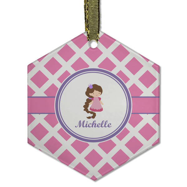 Custom Diamond Print w/Princess Flat Glass Ornament - Hexagon w/ Name or Text