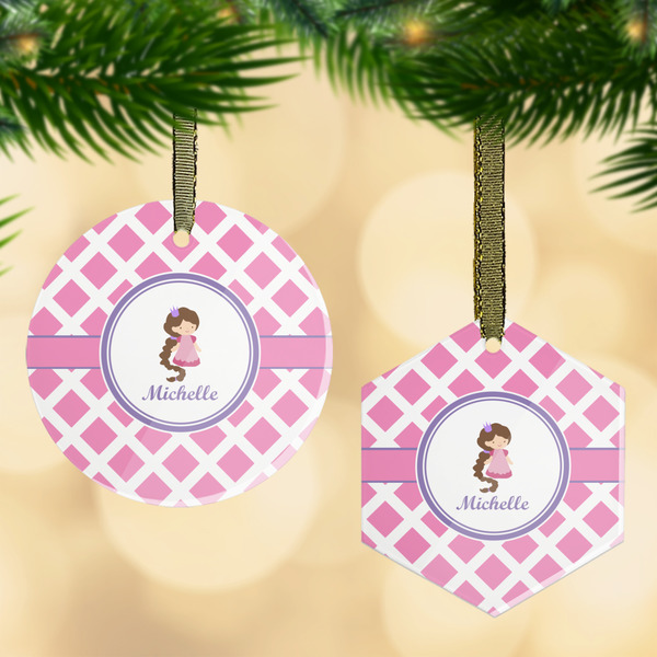 Custom Diamond Print w/Princess Flat Glass Ornament w/ Name or Text